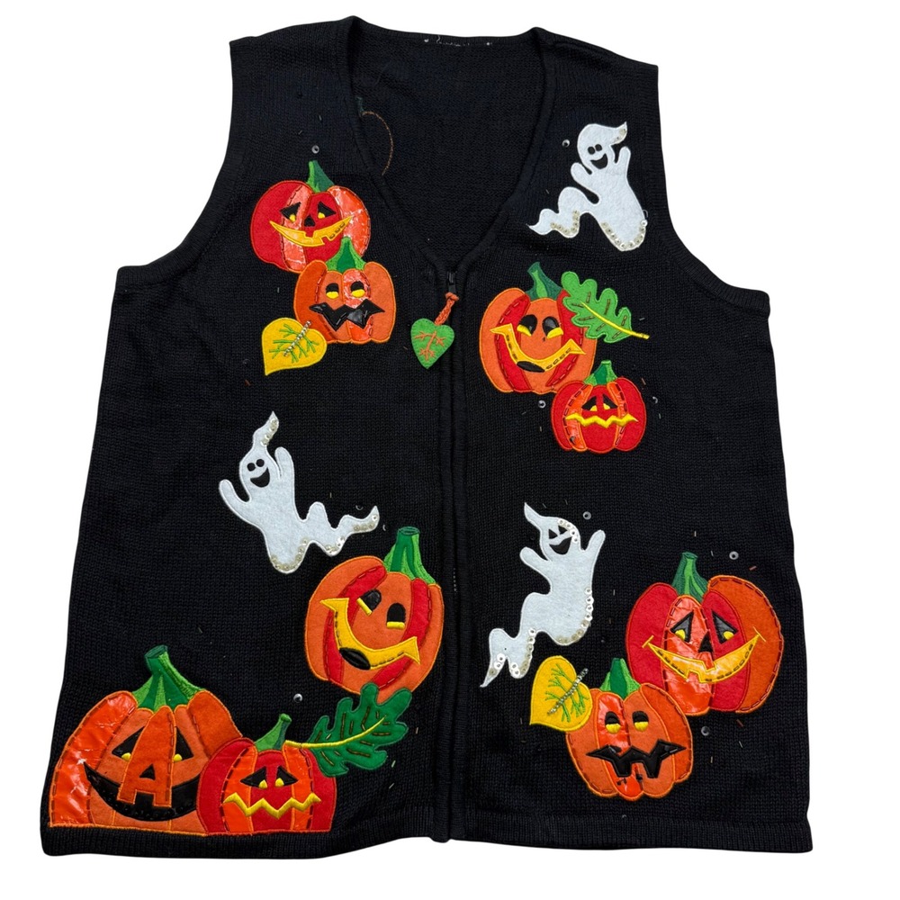 Vintage Halloween Knit Vest Black Jack-O-Lantern Ghost Sequin Beaded Zip Up
